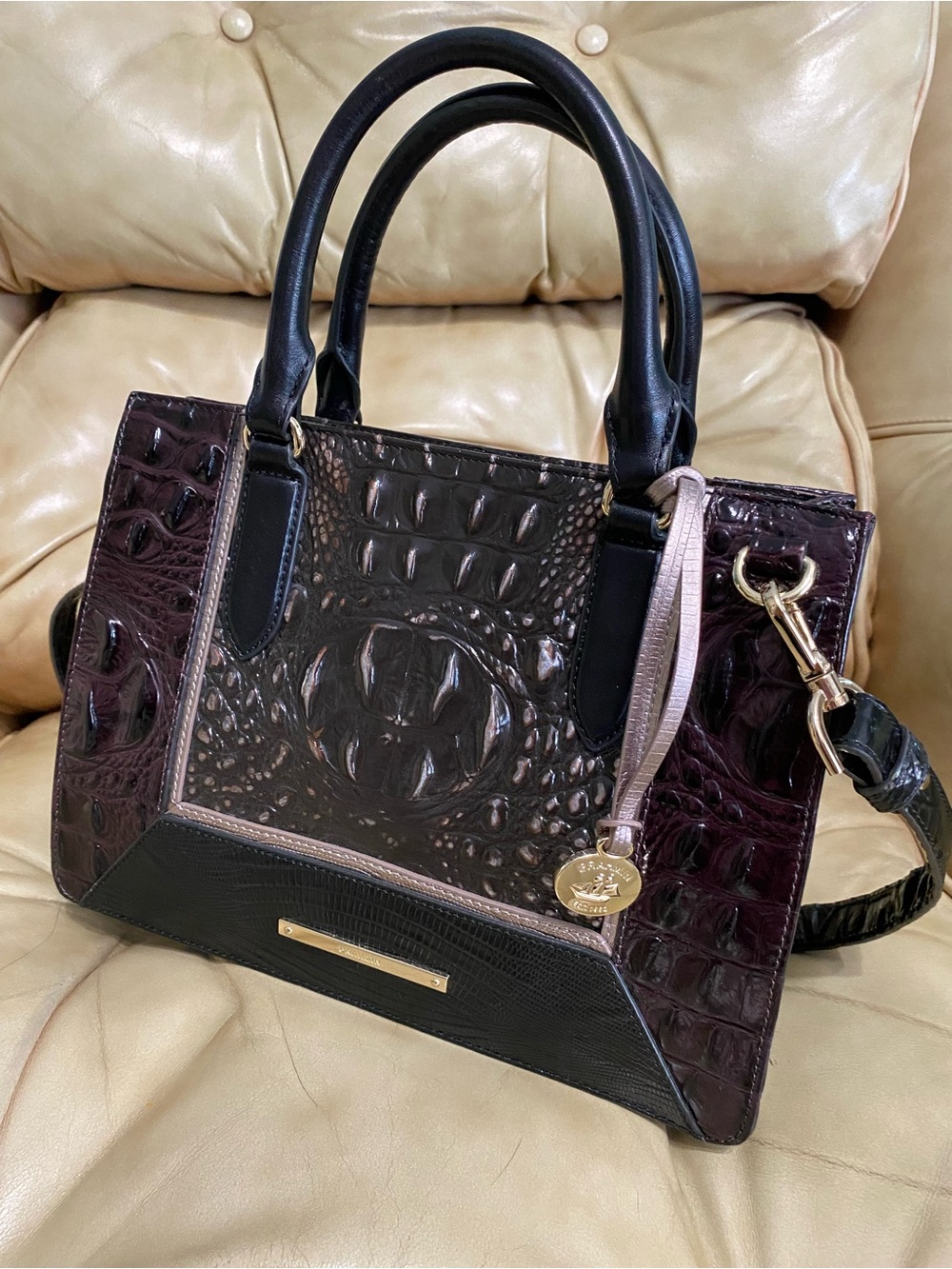 Brahmin Camille Ironwood Alzette Satchel Plum Black Pewter Tri-Texture Croc